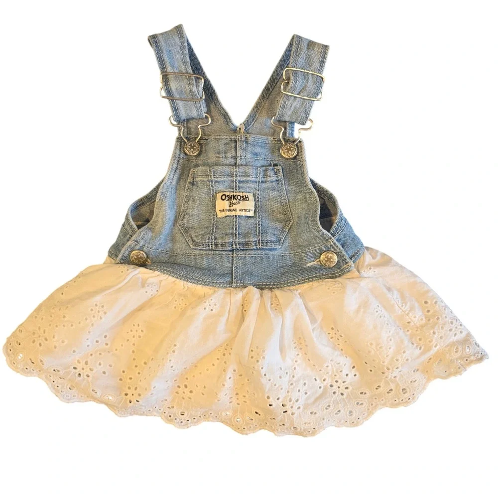 OshKosh Bgosh Baby Girl Denim Eyelet Lace Overall Dress Light Wash Blue 9M